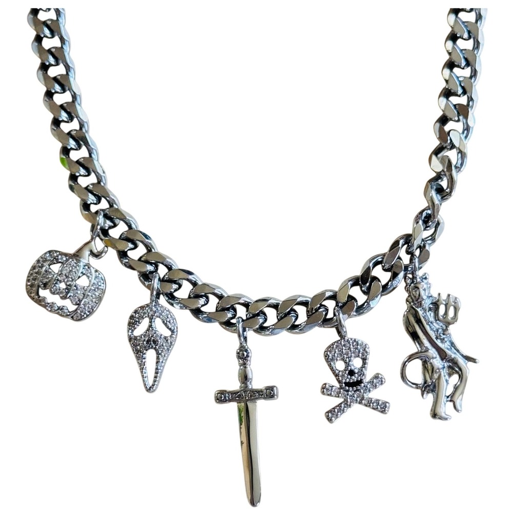 Dalmata‎ D Stainless Steel Halloween Charm Necklace Cuban Chain Goth Rhinestone